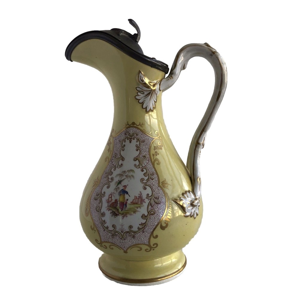 James Dixon Jug Yellow Oriental  Design Creamer Pitcher + Pewter Lid Vintage